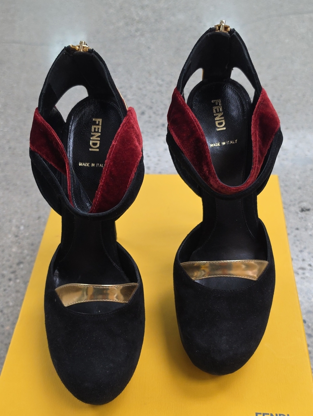 Fendi Black Suede Heels with Burgundy Velvet and Gold Accent